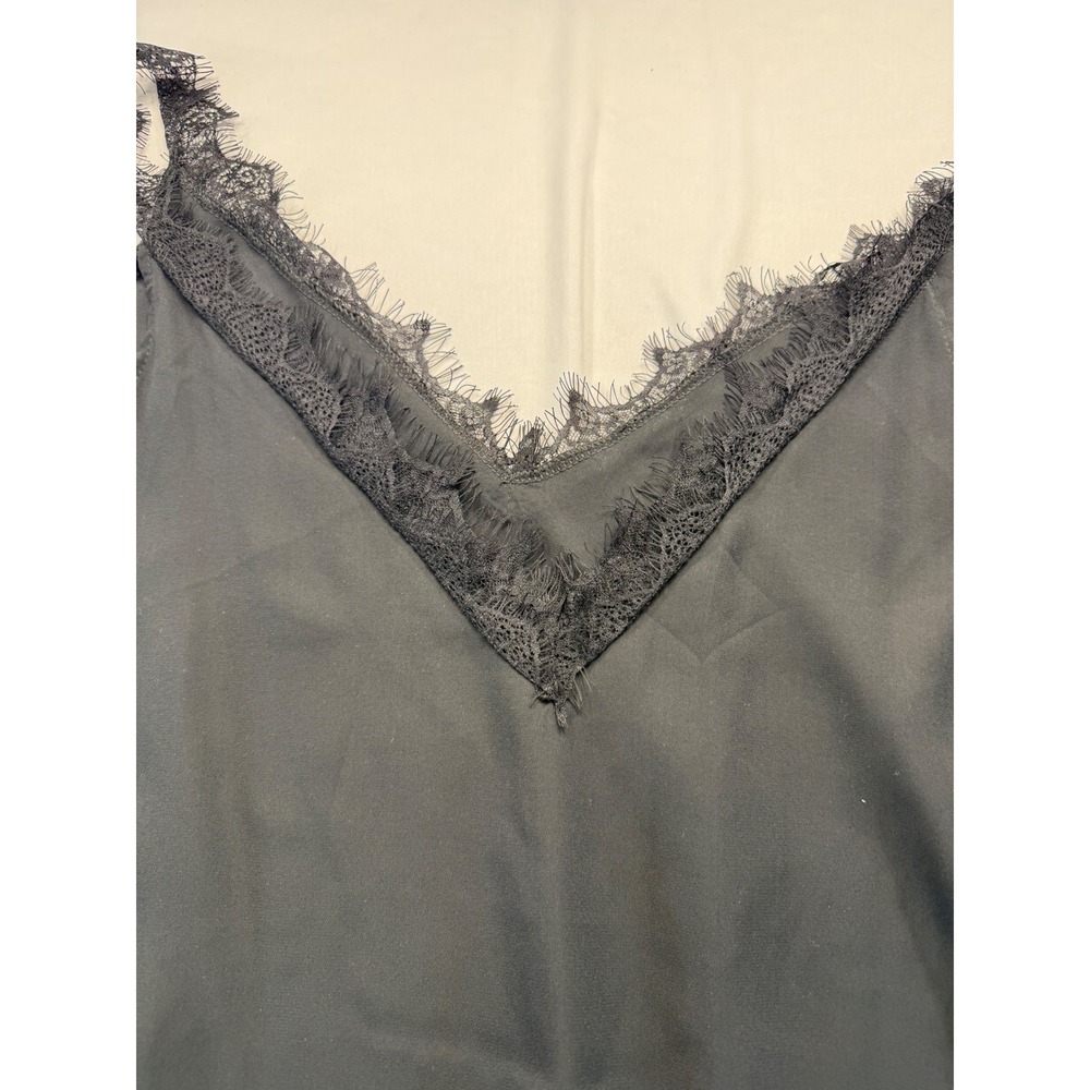 Womens Black Satin Eyelash Lace Trim V-Neck Camisole Tank Top Size XL Polyester - Picture 3 of 4